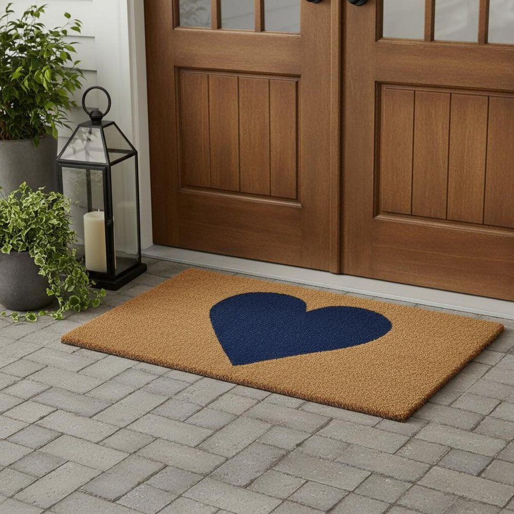 17" X 29" Brown And Dark Blue Heart Outdoor Coir Door Mat HomeRoots