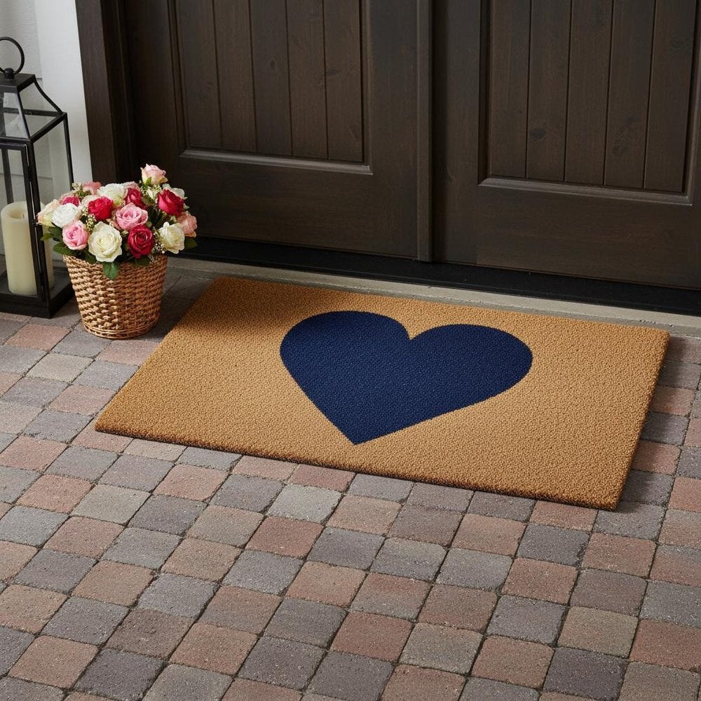 17" X 29" Brown And Dark Blue Heart Outdoor Coir Door Mat HomeRoots
