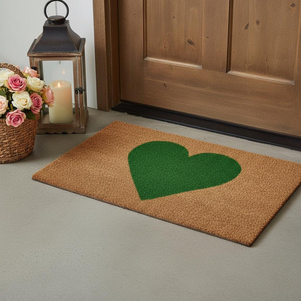 17" X 29" Brown And Green Heart Outdoor Coir Door Mat HomeRoots