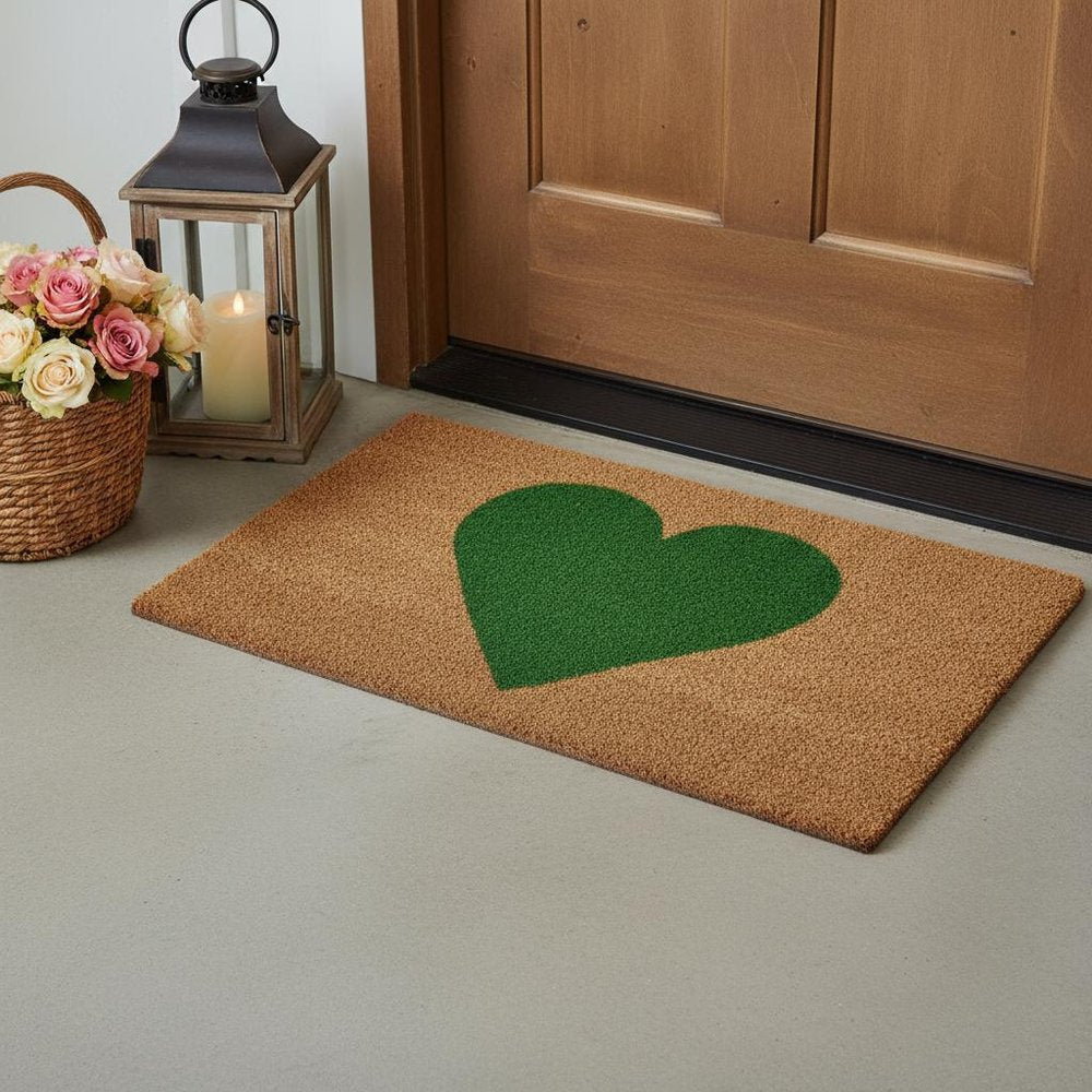 17" X 29" Brown And Green Heart Outdoor Coir Door Mat HomeRoots