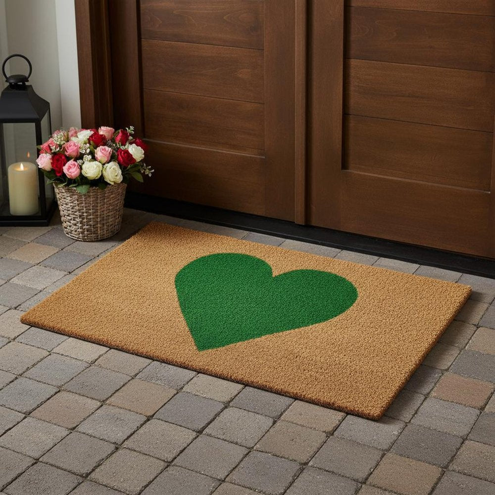 17" X 29" Brown And Green Heart Outdoor Coir Door Mat HomeRoots