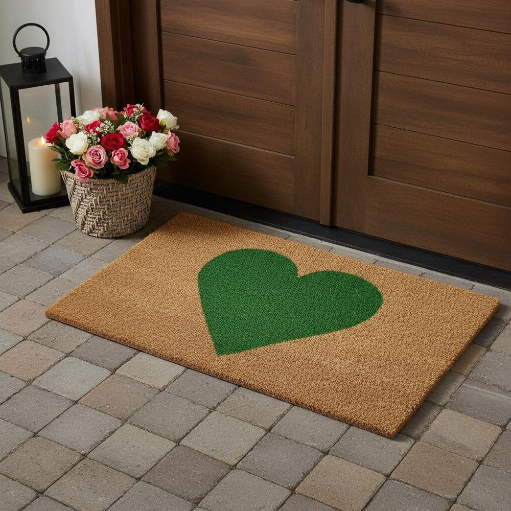 17" X 29" Brown And Green Heart Outdoor Coir Door Mat HomeRoots