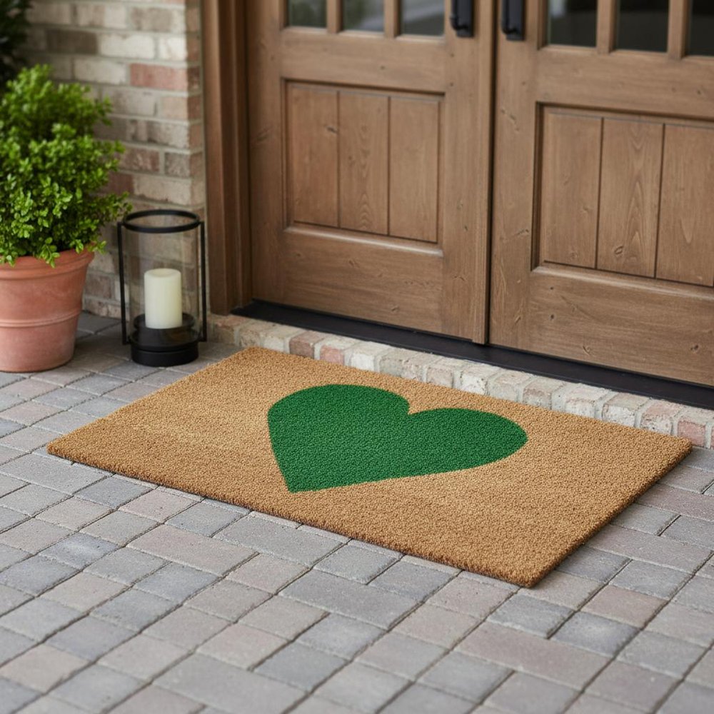 17" X 29" Brown And Green Heart Outdoor Coir Door Mat HomeRoots