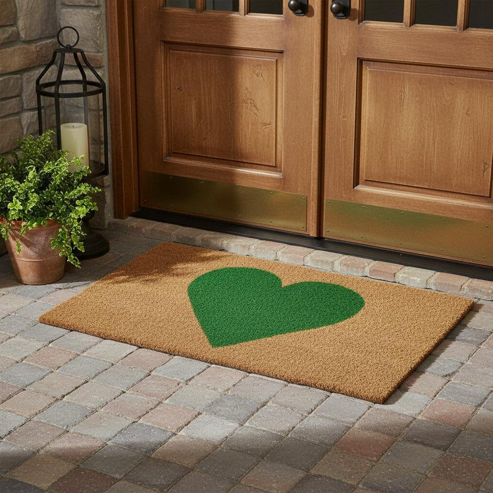 17" X 29" Brown And Green Heart Outdoor Coir Door Mat HomeRoots