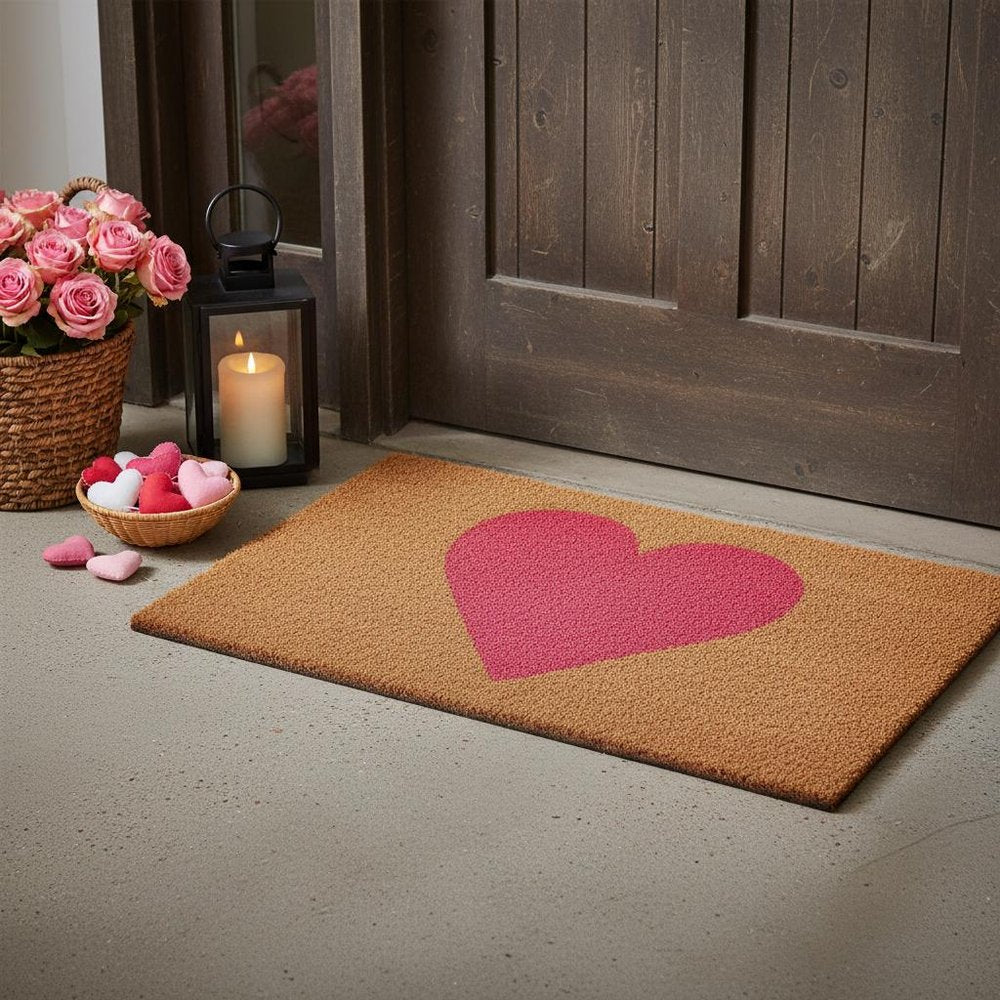 20" X 34" Brown And Pink Heart Outdoor Coir Door Mat HomeRoots