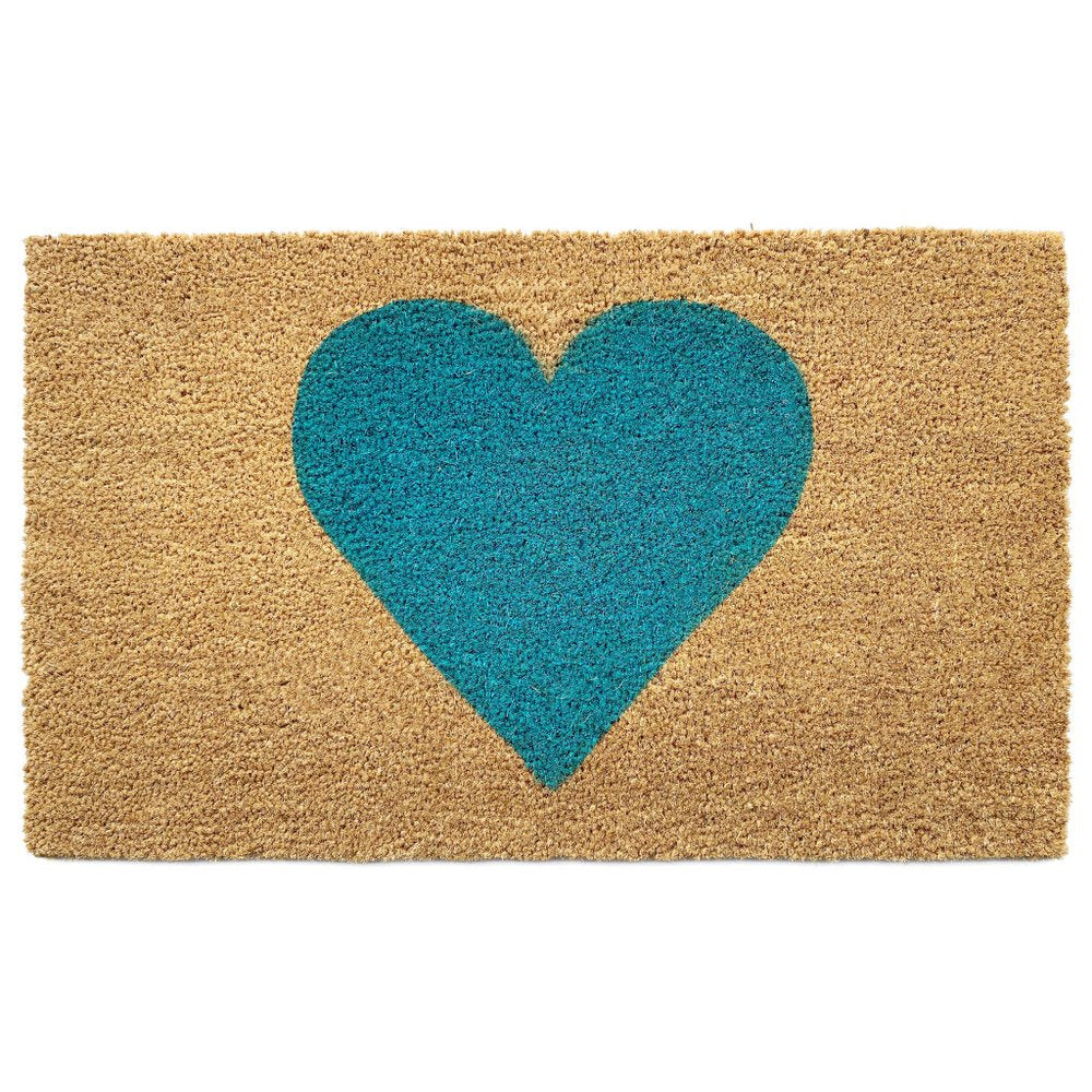 17" X 29" Brown And Turquoise Heart Outdoor Coir Door Mat HomeRoots