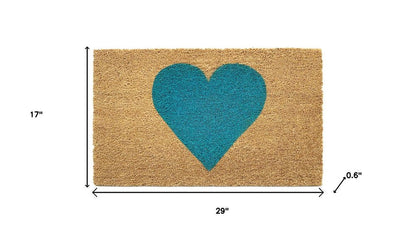 17" X 29" Brown And Turquoise Heart Outdoor Coir Door Mat HomeRoots