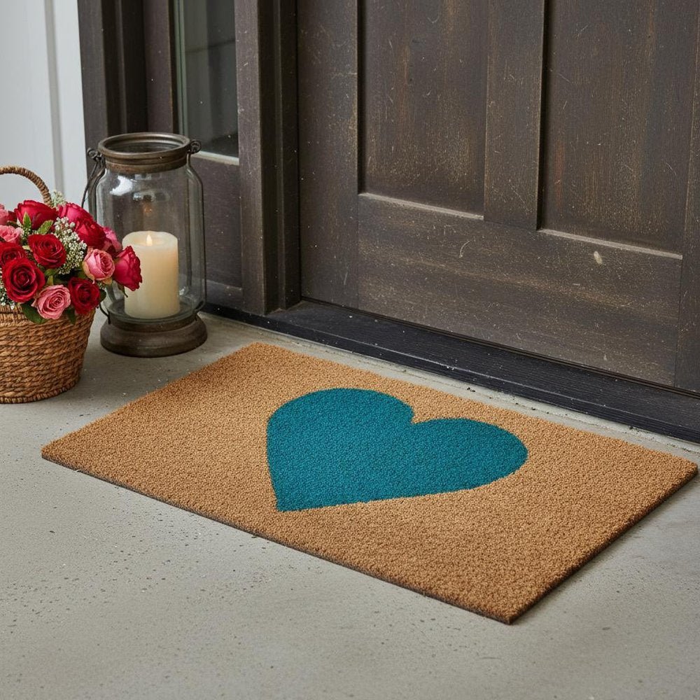 17" X 29" Brown And Turquoise Heart Outdoor Coir Door Mat — view 1