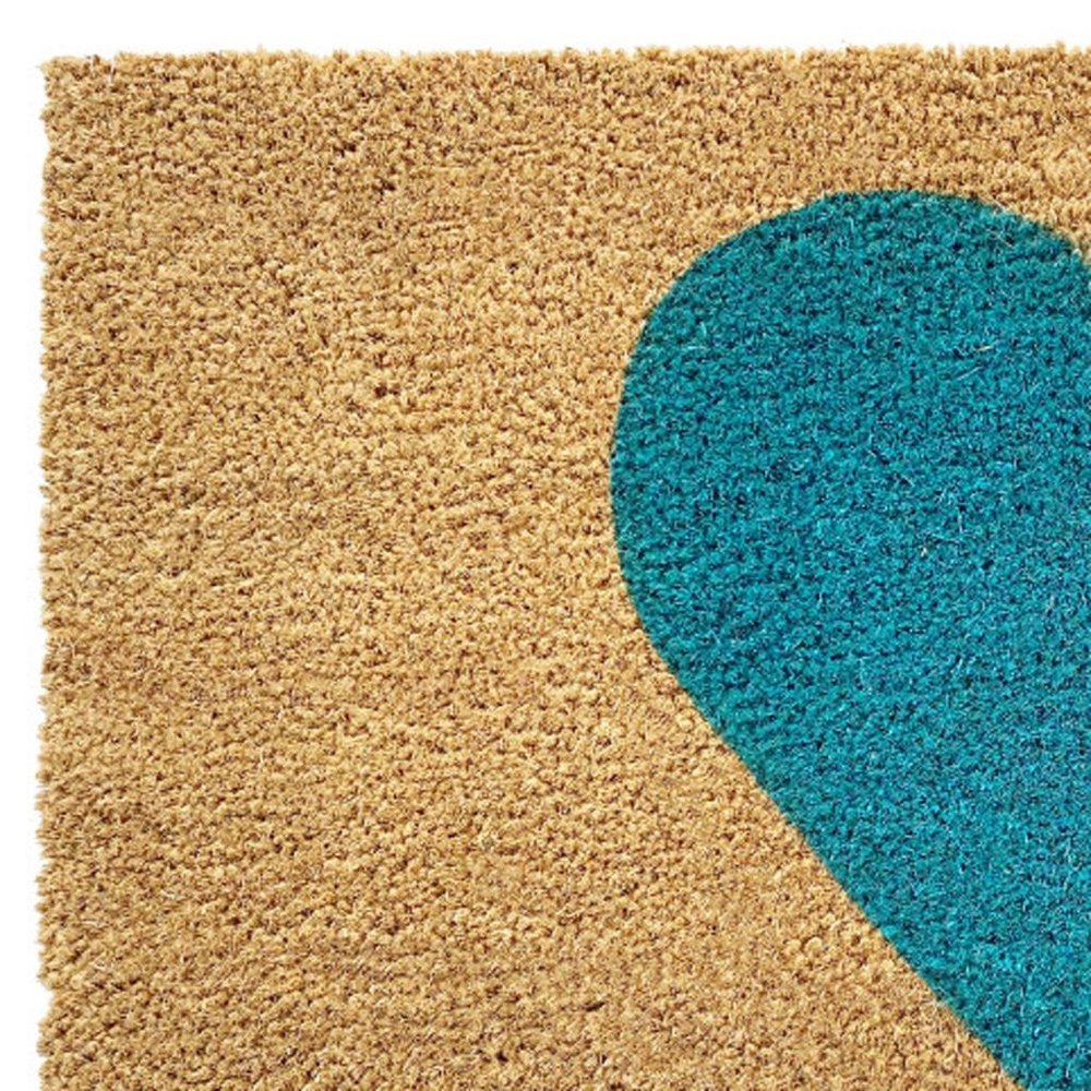 17" X 29" Brown And Turquoise Heart Outdoor Coir Door Mat HomeRoots