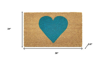 17" X 29" Brown And Turquoise Heart Outdoor Coir Door Mat HomeRoots