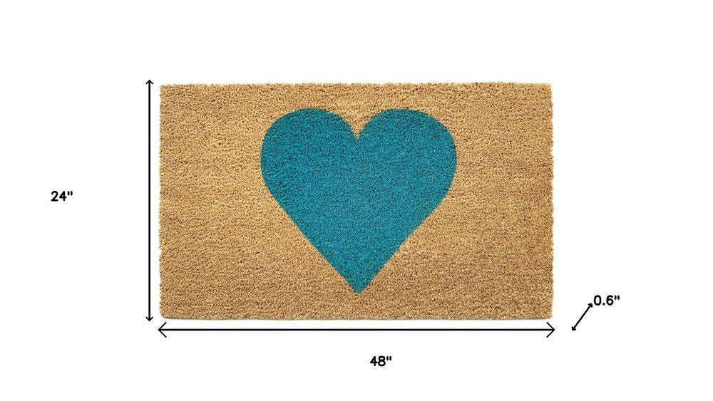 17" X 29" Brown And Turquoise Heart Outdoor Coir Door Mat HomeRoots