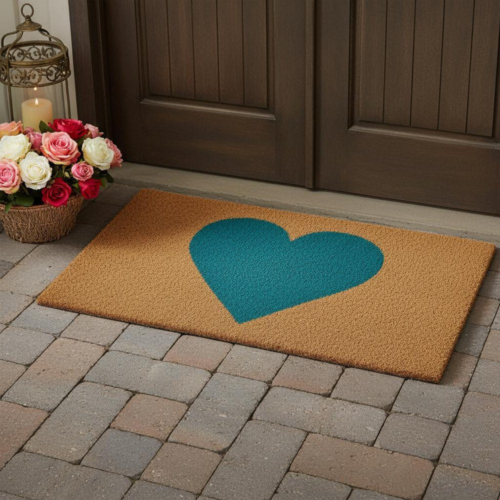 17" X 29" Brown And Turquoise Heart Outdoor Coir Door Mat HomeRoots