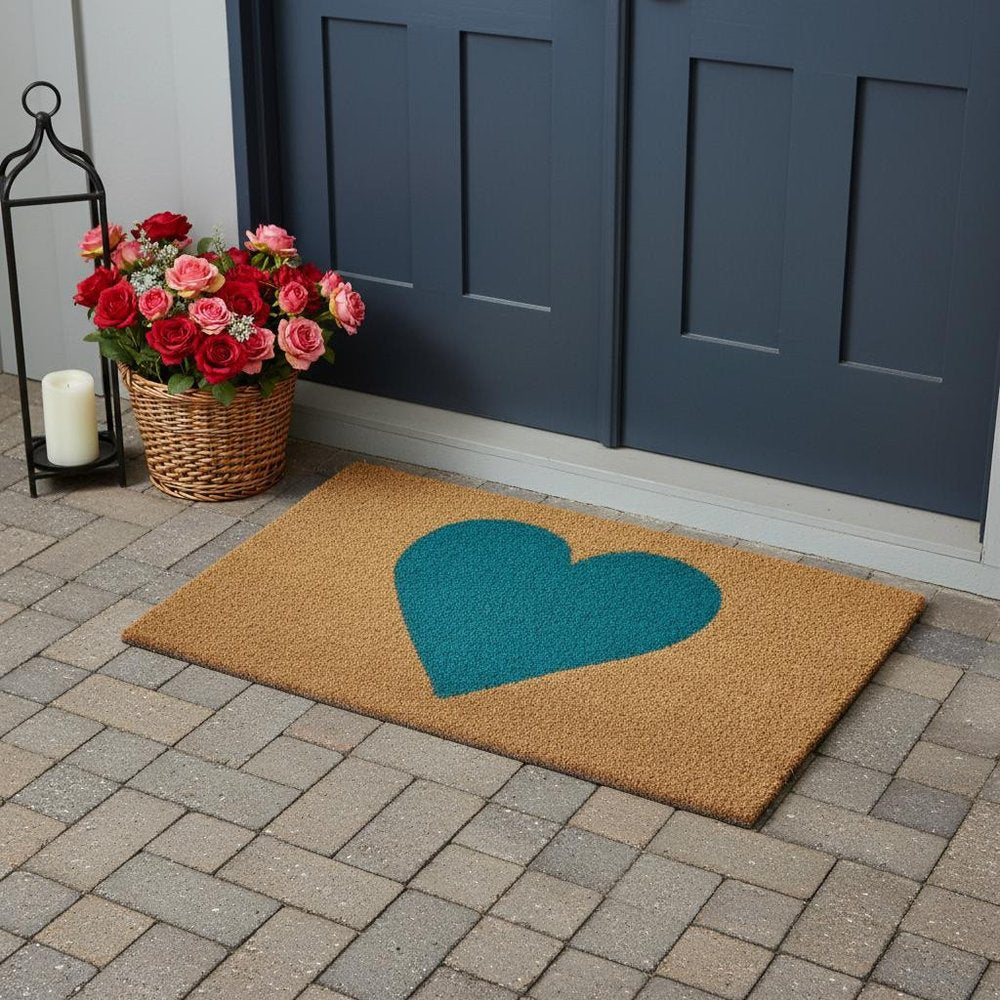 17" X 29" Brown And Turquoise Heart Outdoor Coir Door Mat HomeRoots