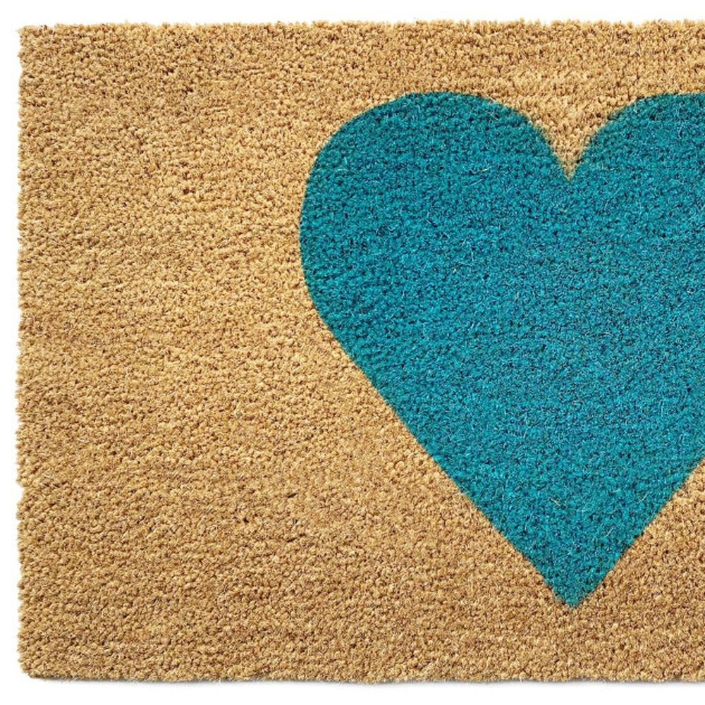 17" X 29" Brown And Turquoise Heart Outdoor Coir Door Mat HomeRoots