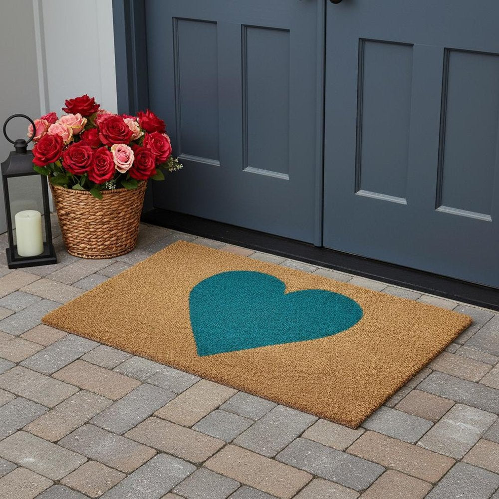 17" X 29" Brown And Turquoise Heart Outdoor Coir Door Mat HomeRoots