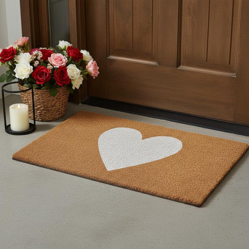 17" X 29" Brown And White Heart Outdoor Coir Door Mat HomeRoots