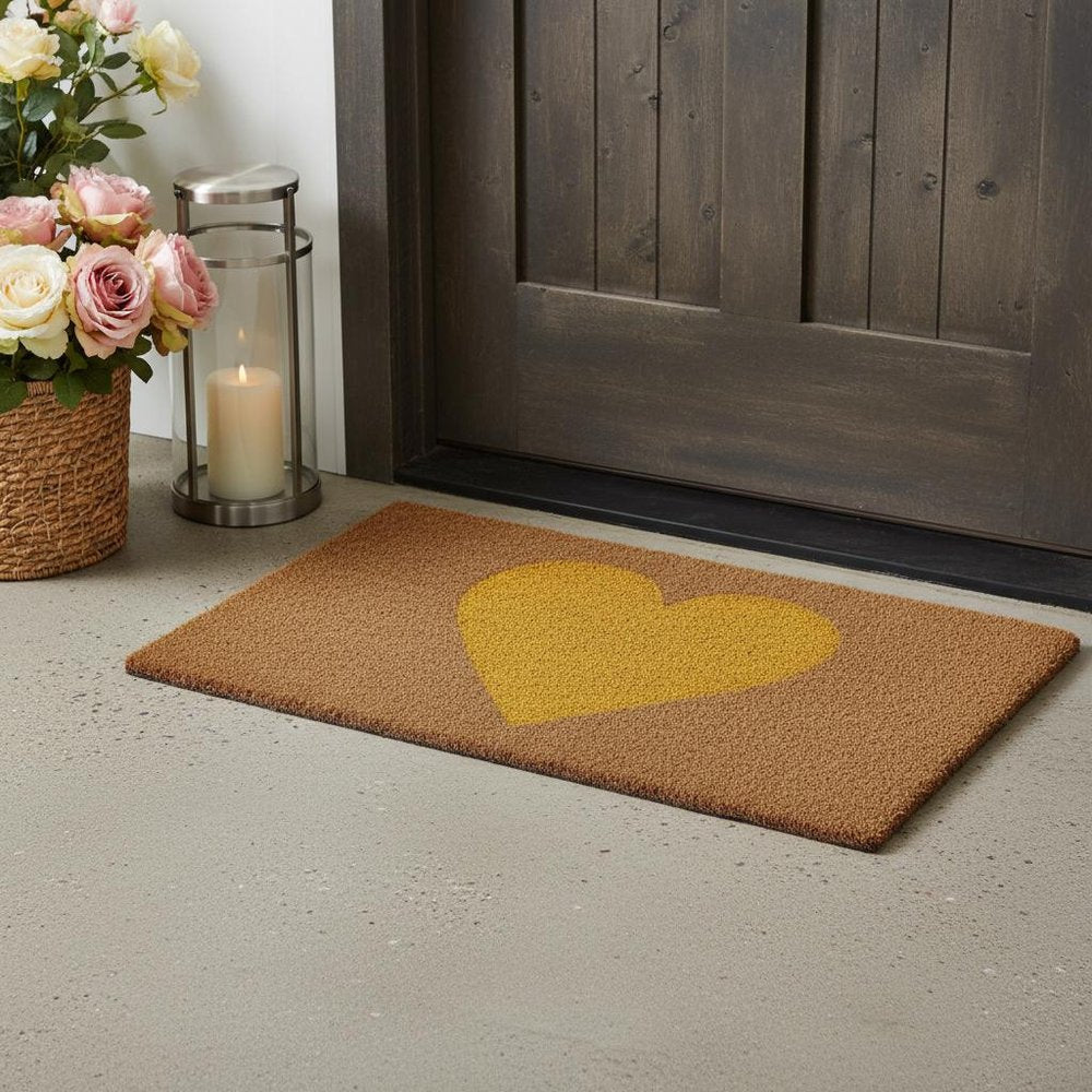 17" X 29" Brown And Yellow Heart Outdoor Coir Door Mat HomeRoots