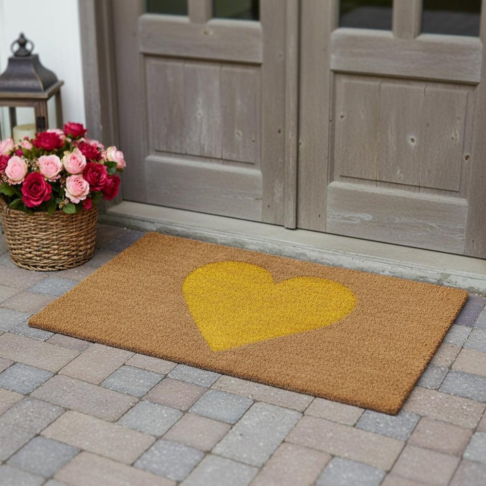 17" X 29" Brown And Yellow Heart Outdoor Coir Door Mat HomeRoots