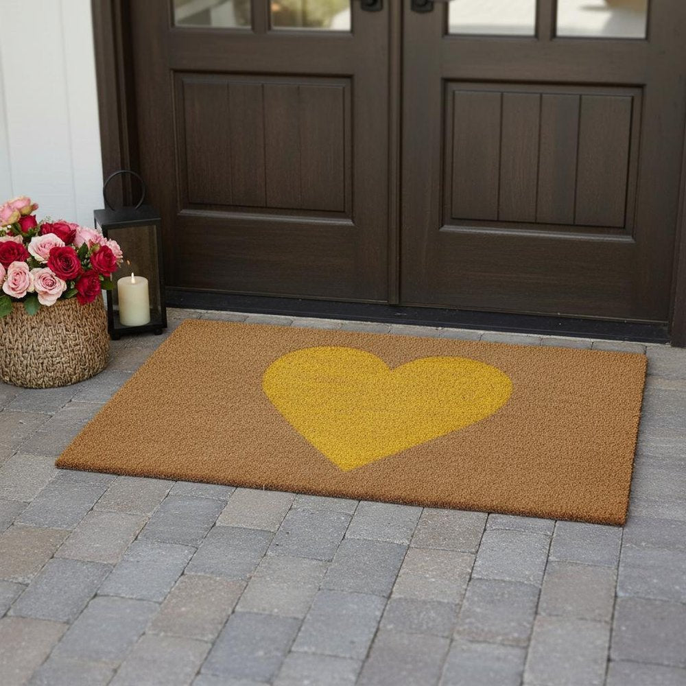17" X 29" Brown And Yellow Heart Outdoor Coir Door Mat HomeRoots