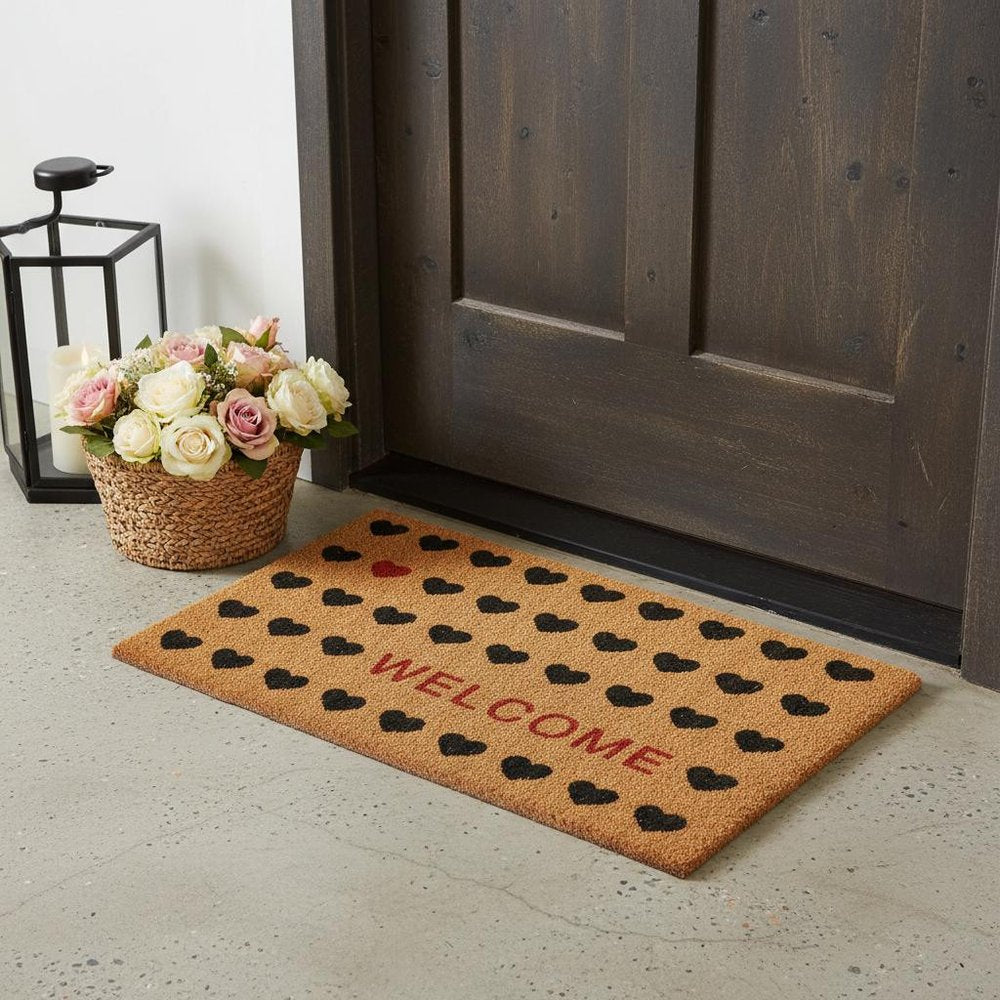 30" X 48" Brown Black And Red Hearts Welcome Outdoor Coir Door Mat