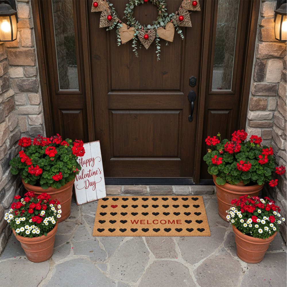 30" X 48" Brown Black And Red Hearts Welcome Outdoor Coir Door Mat