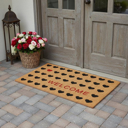 30" X 48" Brown Black And Red Hearts Welcome Outdoor Coir Door Mat