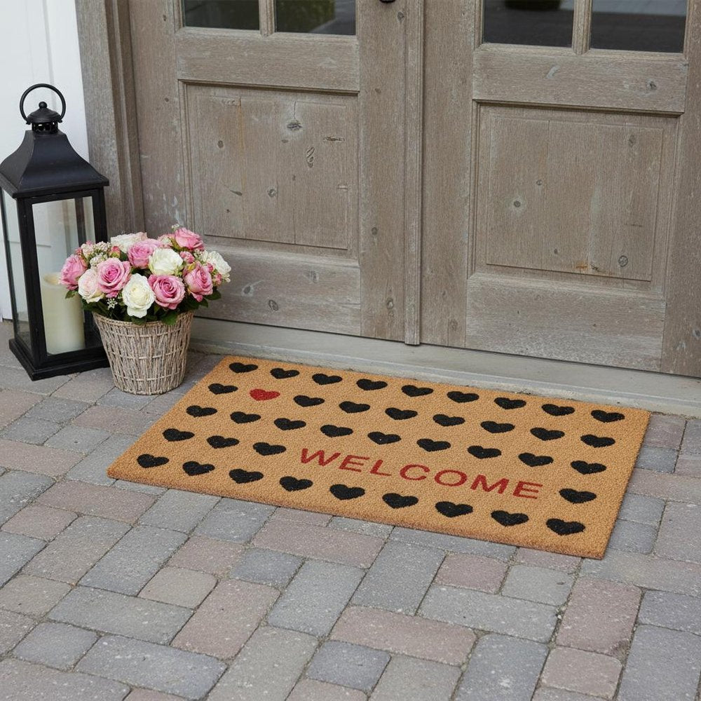 30" X 48" Brown Black And Red Hearts Welcome Outdoor Coir Door Mat — view 1