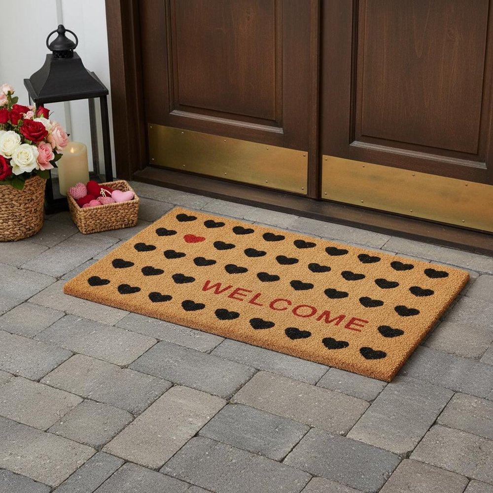30" X 48" Brown Black And Red Hearts Welcome Outdoor Coir Door Mat