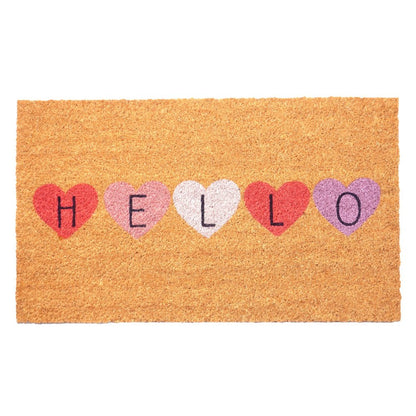17" X 29" Brown Pink Purple Hearts Hello Outdoor Coir Door Mat