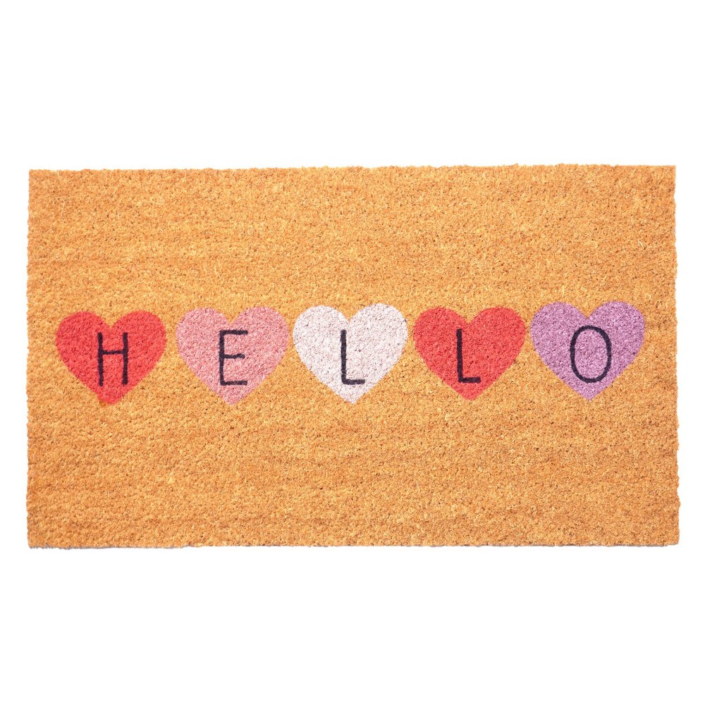 17" X 29" Brown Pink Purple Hearts Hello Outdoor Coir Door Mat — view 2