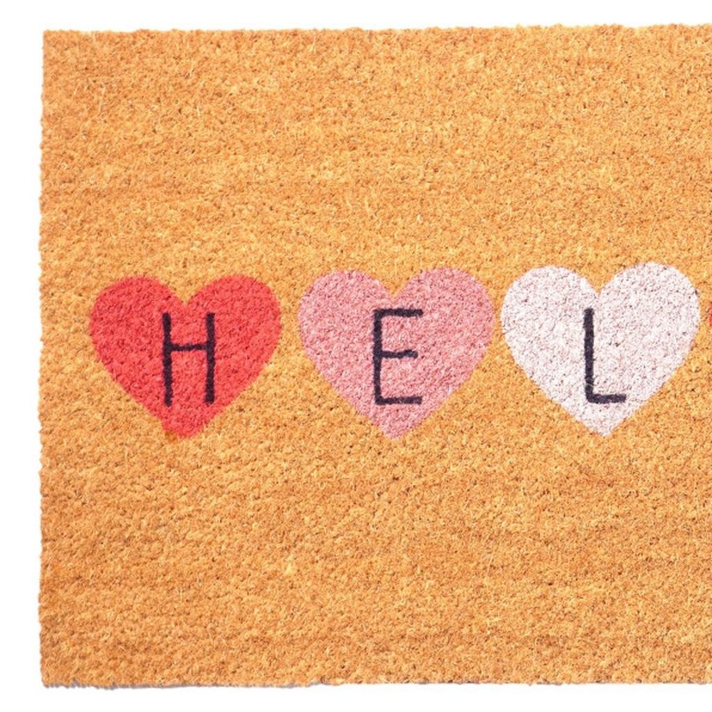 17" X 29" Brown Pink Purple Hearts Hello Outdoor Coir Door Mat