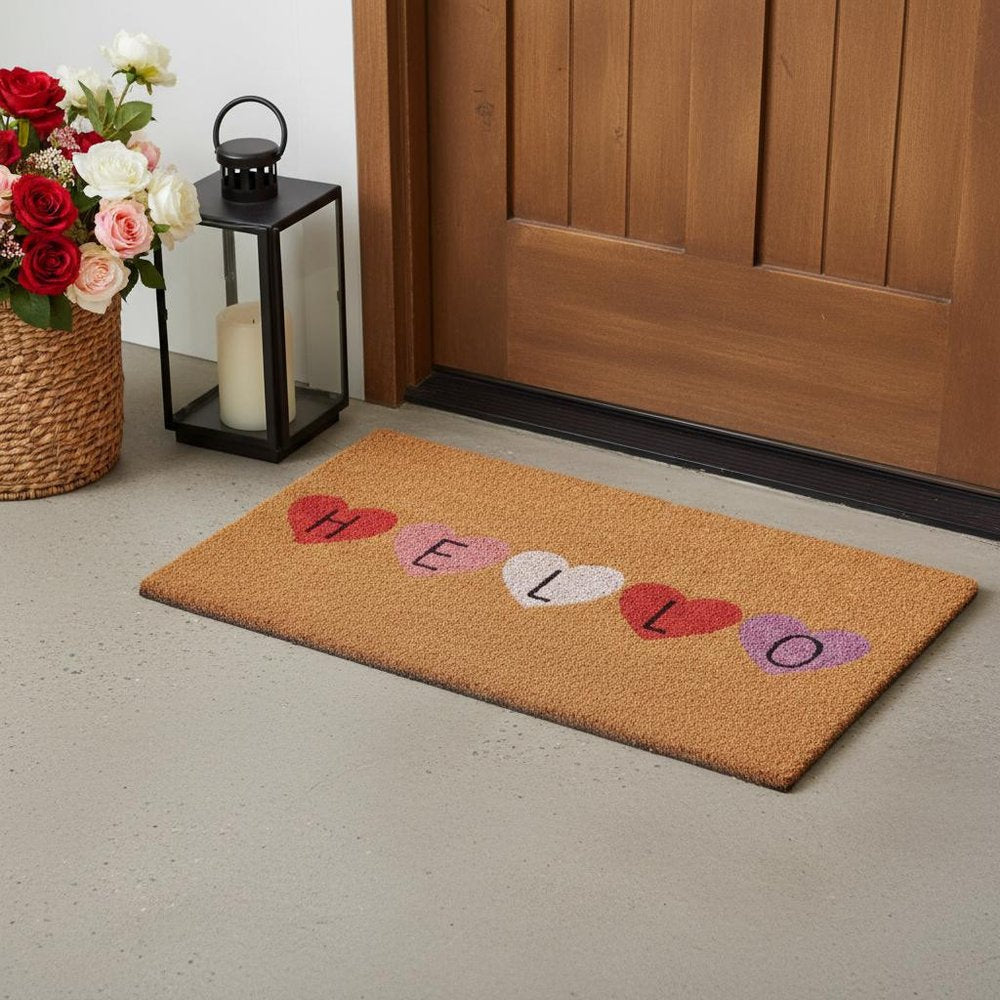 17" X 29" Brown Pink Purple Hearts Hello Outdoor Coir Door Mat — view 5