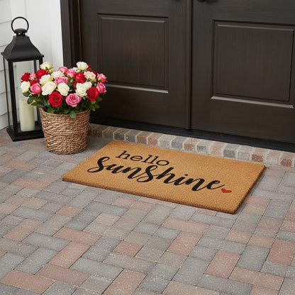 17" X 29" Brown And Black Hello Sunshine Outdoor Coir Door Mat HomeRoots