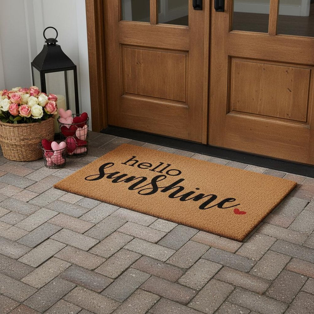 17" X 29" Brown And Black Hello Sunshine Outdoor Coir Door Mat HomeRoots