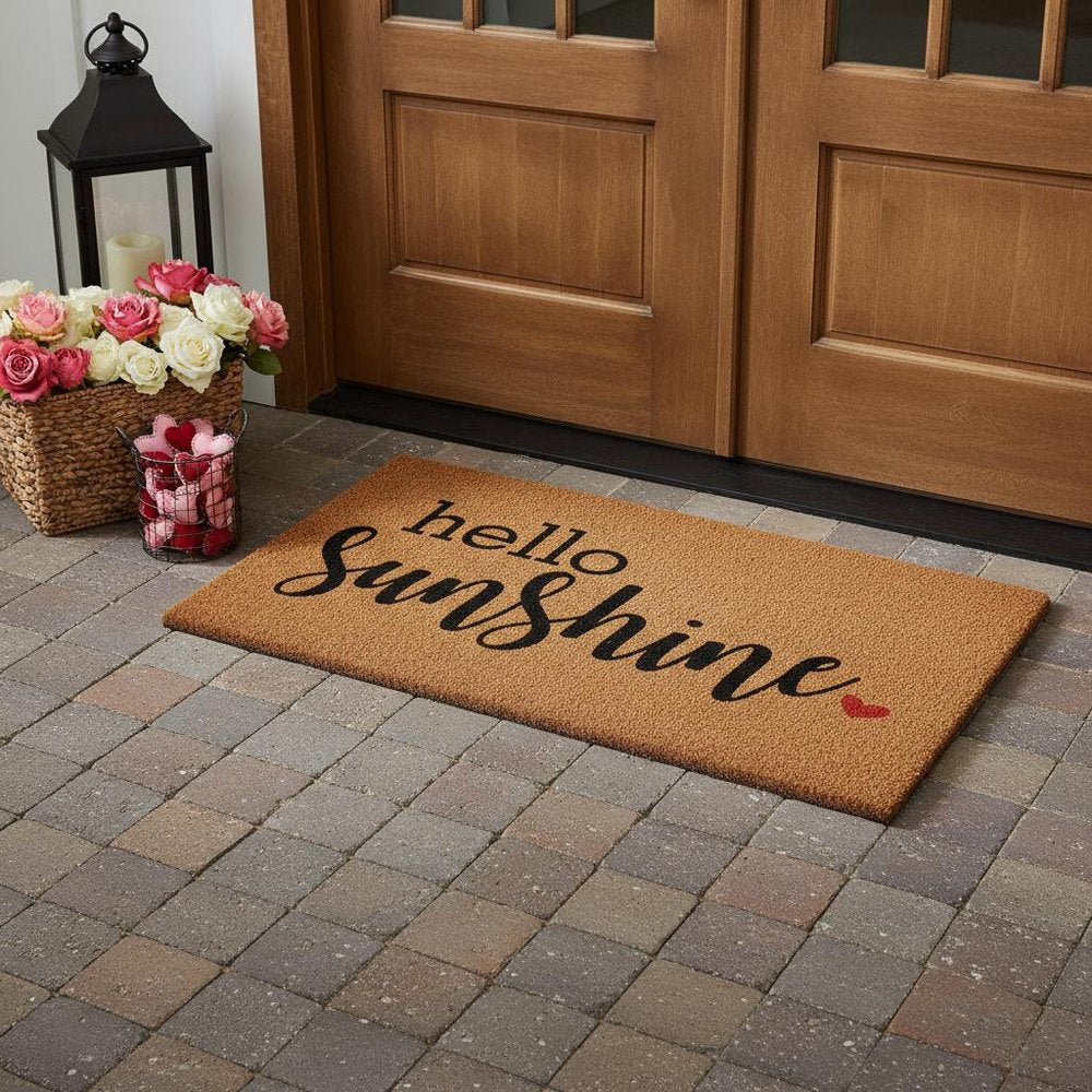 17" X 29" Brown And Black Hello Sunshine Outdoor Coir Door Mat HomeRoots