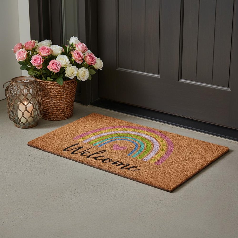 17" X 29" Brown And Pink Rainbow Welcome Outdoor Coir Door Mat HomeRoots