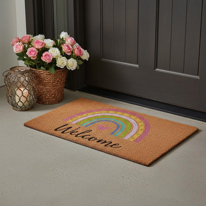 17" X 29" Brown And Pink Rainbow Welcome Outdoor Coir Door Mat HomeRoots