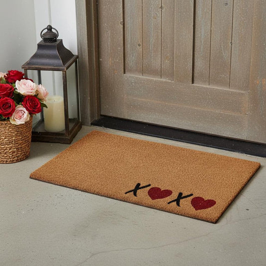 17" X 29" Black Brown And Red Heart XOXO Outdoor Coir Door Mat HomeRoots