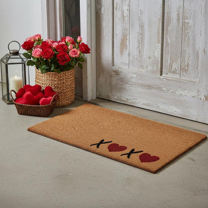 17" X 29" Black Brown And Red Heart XOXO Outdoor Coir Door Mat HomeRoots