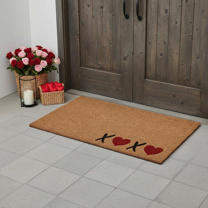 17" X 29" Black Brown And Red Heart XOXO Outdoor Coir Door Mat HomeRoots