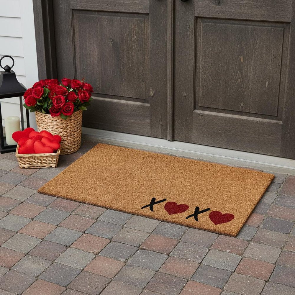 17" X 29" Black Brown And Red Heart XOXO Outdoor Coir Door Mat HomeRoots