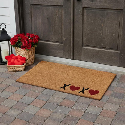 17" X 29" Black Brown And Red Heart XOXO Outdoor Coir Door Mat HomeRoots