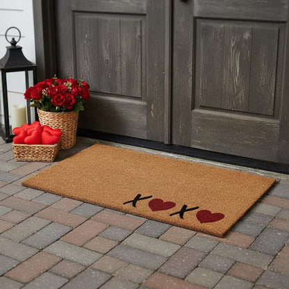 17" X 29" Black Brown And Red Heart XOXO Outdoor Coir Door Mat HomeRoots
