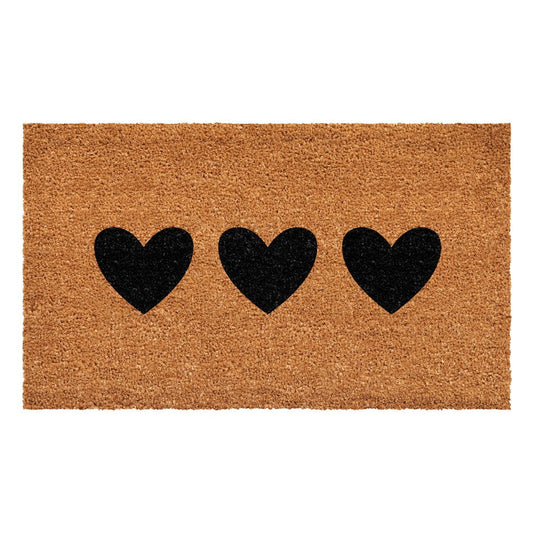 12" X 24" Black And Brown Three Hearts Outdoor Coir Door Mat