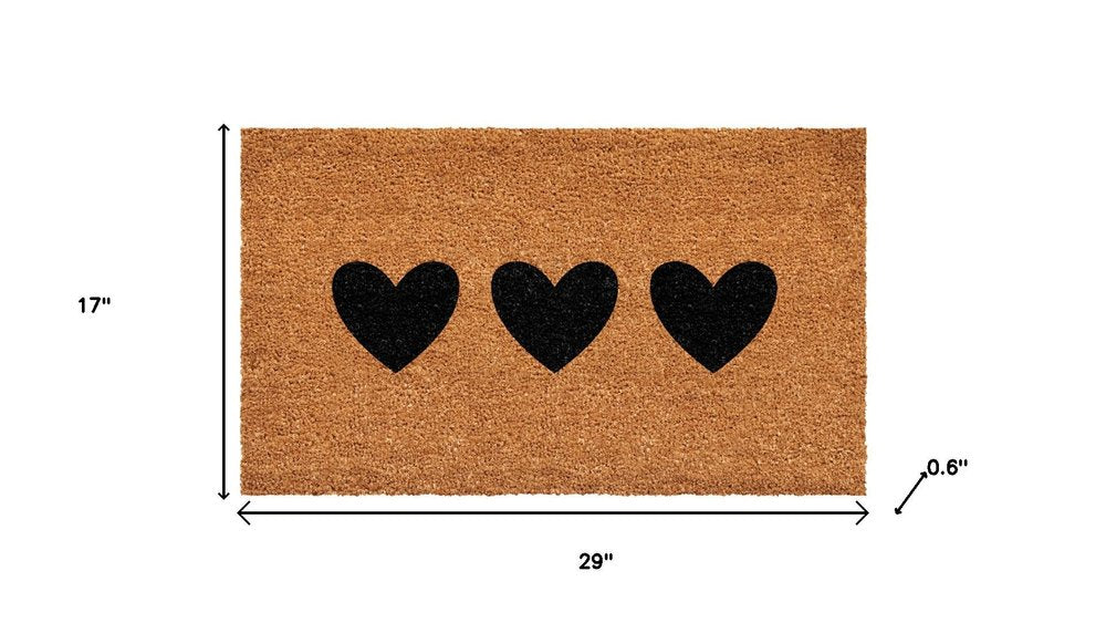 12" X 24" Black And Brown Three Hearts Outdoor Coir Door Mat