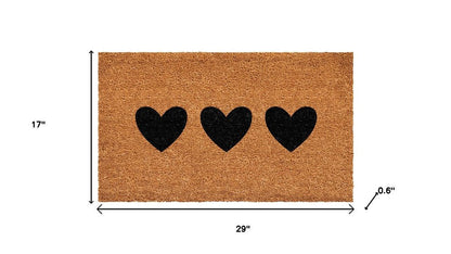 12" X 24" Black And Brown Three Hearts Outdoor Coir Door Mat