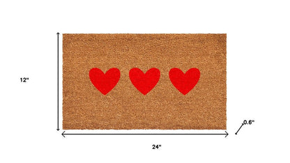 12" X 24" Brown And Red Three Hearts Outdoor Coir Door Mat HomeRoots