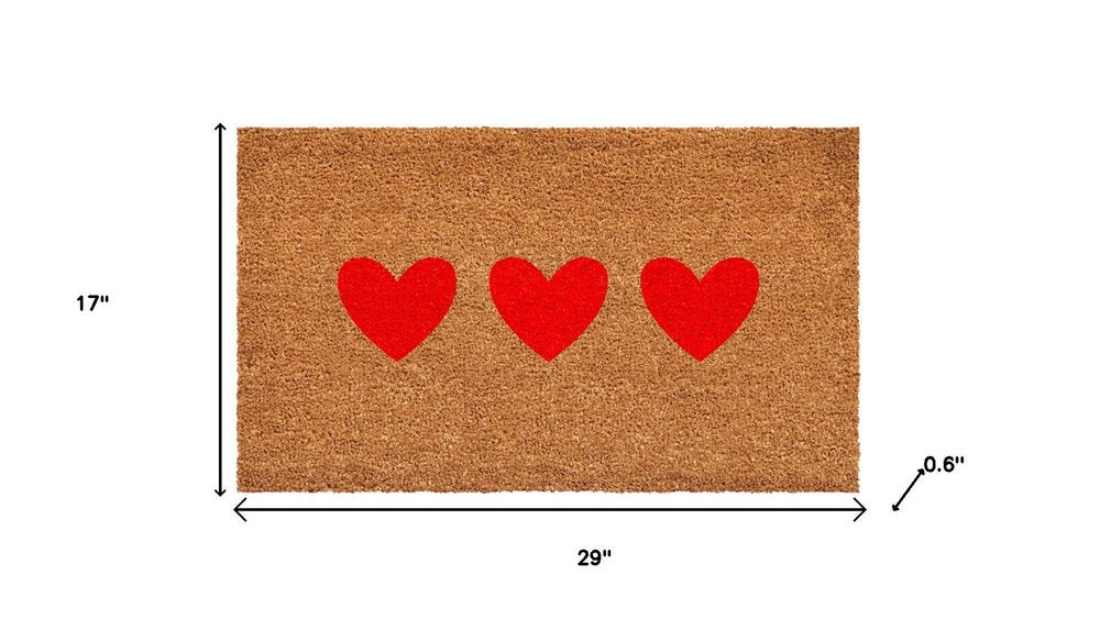 12" X 24" Brown And Red Three Hearts Outdoor Coir Door Mat HomeRoots