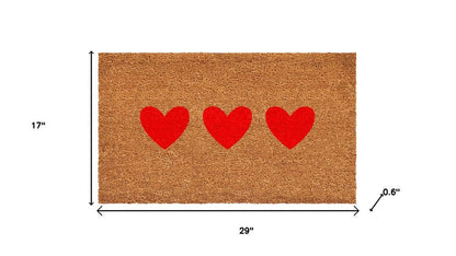 12" X 24" Brown And Red Three Hearts Outdoor Coir Door Mat HomeRoots