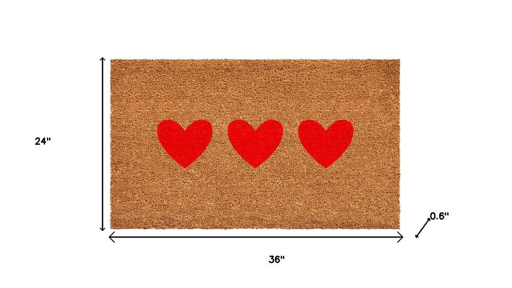 12" X 24" Brown And Red Three Hearts Outdoor Coir Door Mat HomeRoots